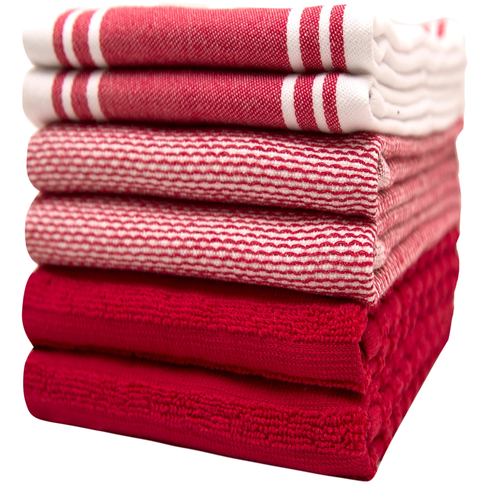 Premium Kitchen Towels (20”x 28”, 6 Pack) – Large Cotton Kitchen Hand Towels – Flat & Terry Towel – Highly Absorbent Tea Towels Set with Hanging Loop (Wide Stripe Red)