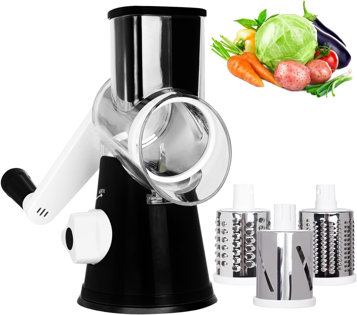 X Home 3 in 1 Cheese Grater Rotary, Cheese Shredder Grater for Kitchen Grater Slicer with 3 Replacement Blades, Potato Slicer Vegetable Chopper with Suction Base, Black