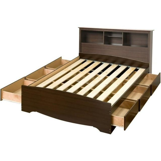 Prepac Queen Bookcase Platform Storage Bed with 6 Drawers and Headboard, Espresso