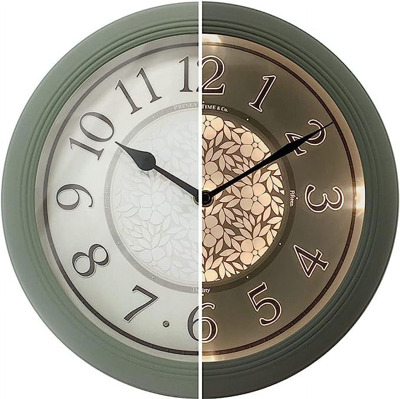 PresenTime & Co 12.6" Indoor Luminous Clock, Silent no ticking, Paris sage green, Lighted Clock with Smart Sensor to turn on/off lights in Low/bright light.