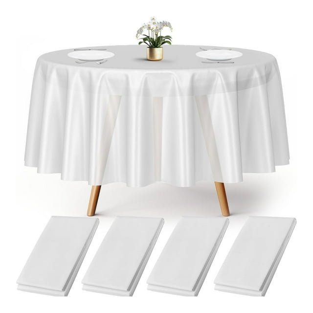 Prestee 4-Pack 84-Inch White Round Plastic Tablecloth Disposable - Durable Waterproof Table Covers for Weddings, BBQ, Parties, Outdoor Events - Elegant White Plastic Tablecloths Round for Any Occasio
