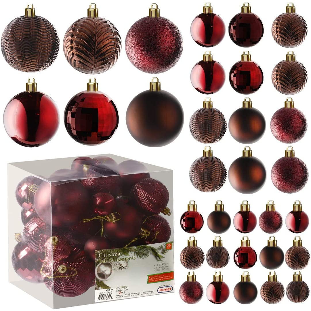 Wine Red Shatterproof Plastic Christmas Ball Ornaments Set