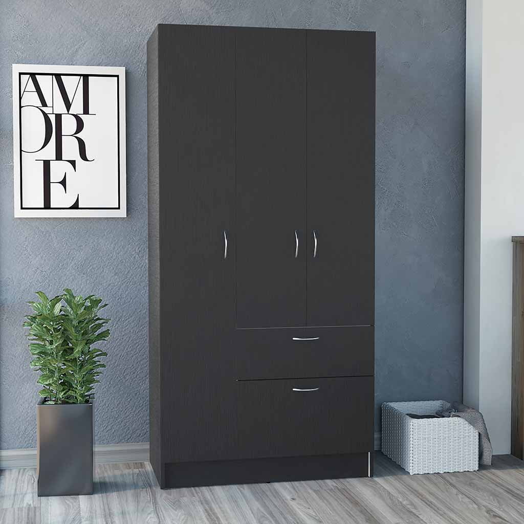 Primavera Armoire, Double Door Cabinets, One Drawer, Metal Rod, Five Shelves Black / White
