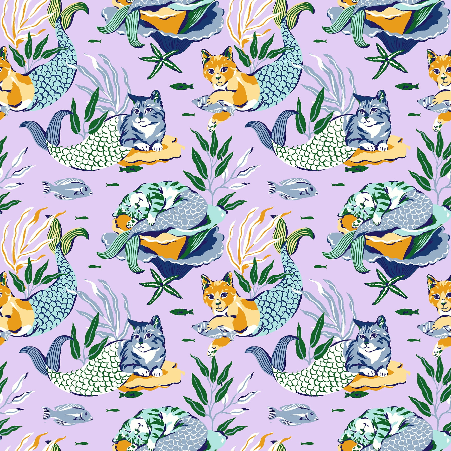 PrintFresh Meowing Mermaids Lavender Peel and Stick Wallpaper