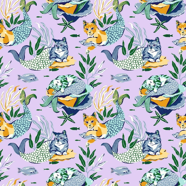 PrintFresh Meowing Mermaids Lavender Peel and Stick Wallpaper