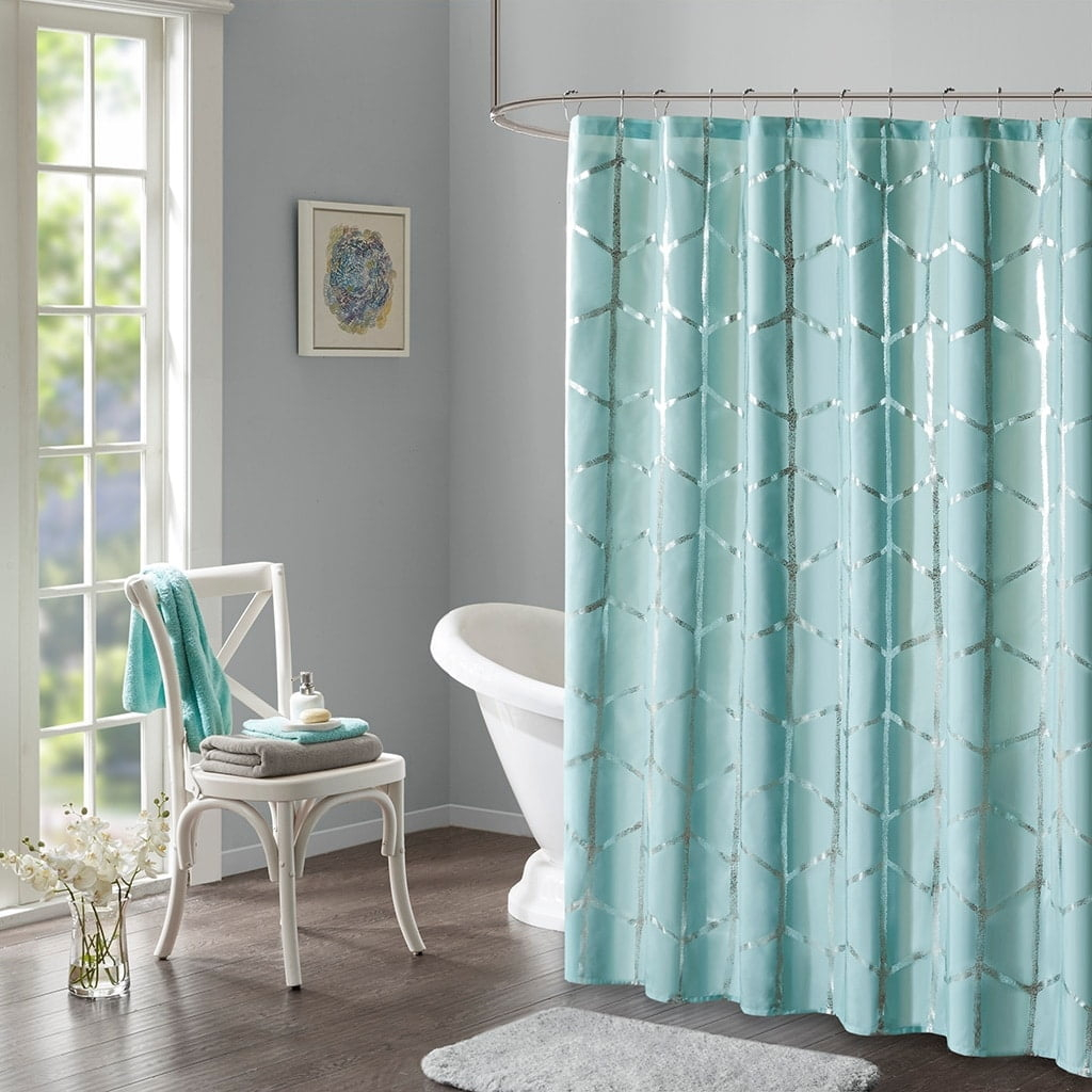 Printed Metallic Shower Curtain Aqua+Silver
