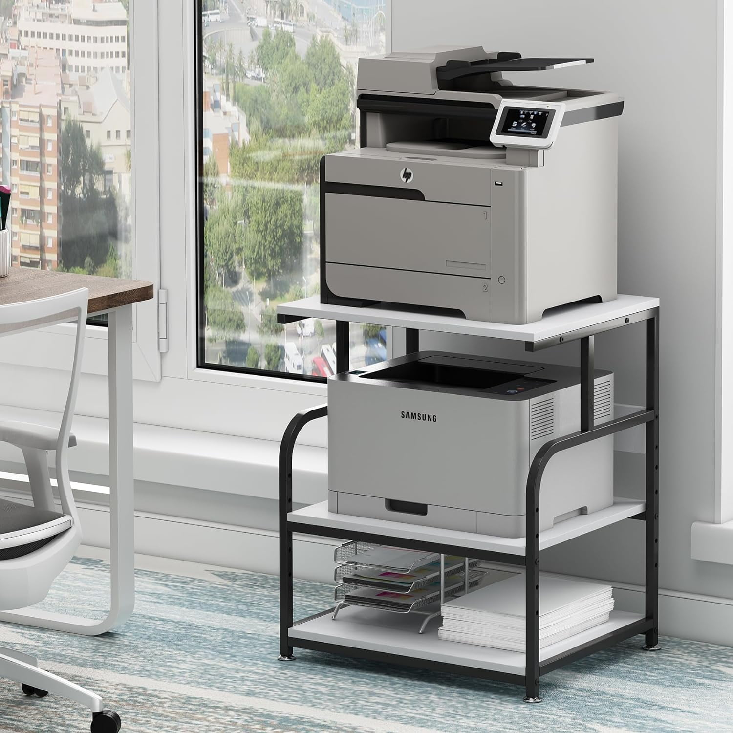 Printer Table, 23.6 x18.9 x 29.5 Inches Large Printer Stand with Height Adjustable Storage Shelf, 3 Tier Rolling Printer Cart Furniture with Wheels for Home Office, White & Black