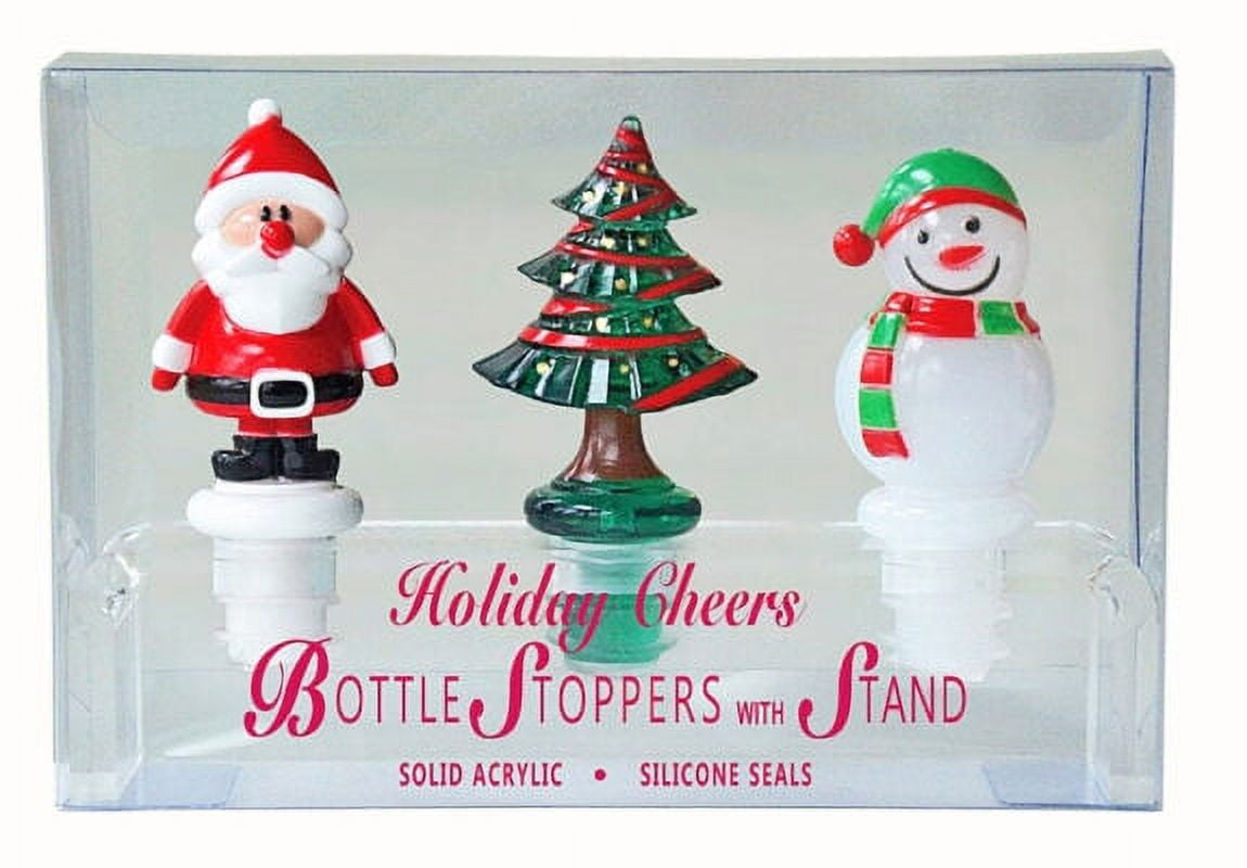 Prodyne Set of 3 Christmas Holiday Acrylic Bottle Stoppers with Stand, Santa Claus, Christmas Tree, Snowman