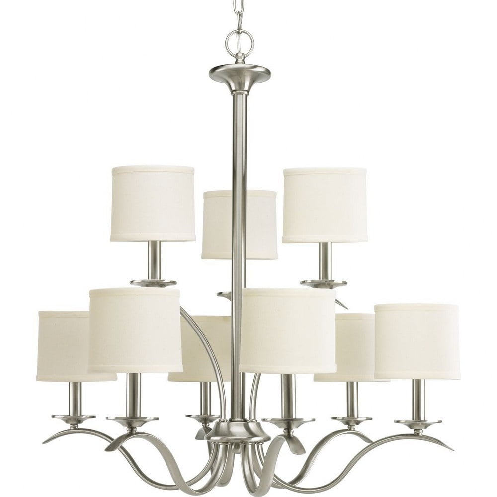 Progress Lighting Inspire 9-Light Two-Tier Chandelier, Brushed Nickel, Off-White Linen Shades