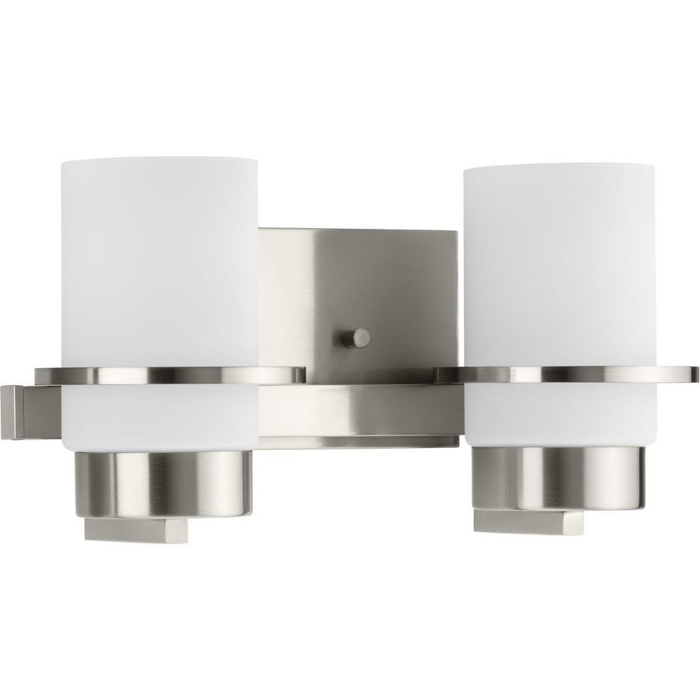 Progress Lighting Reiss 2-Light Vanity Light, Brushed Nickel, White Glass Shade