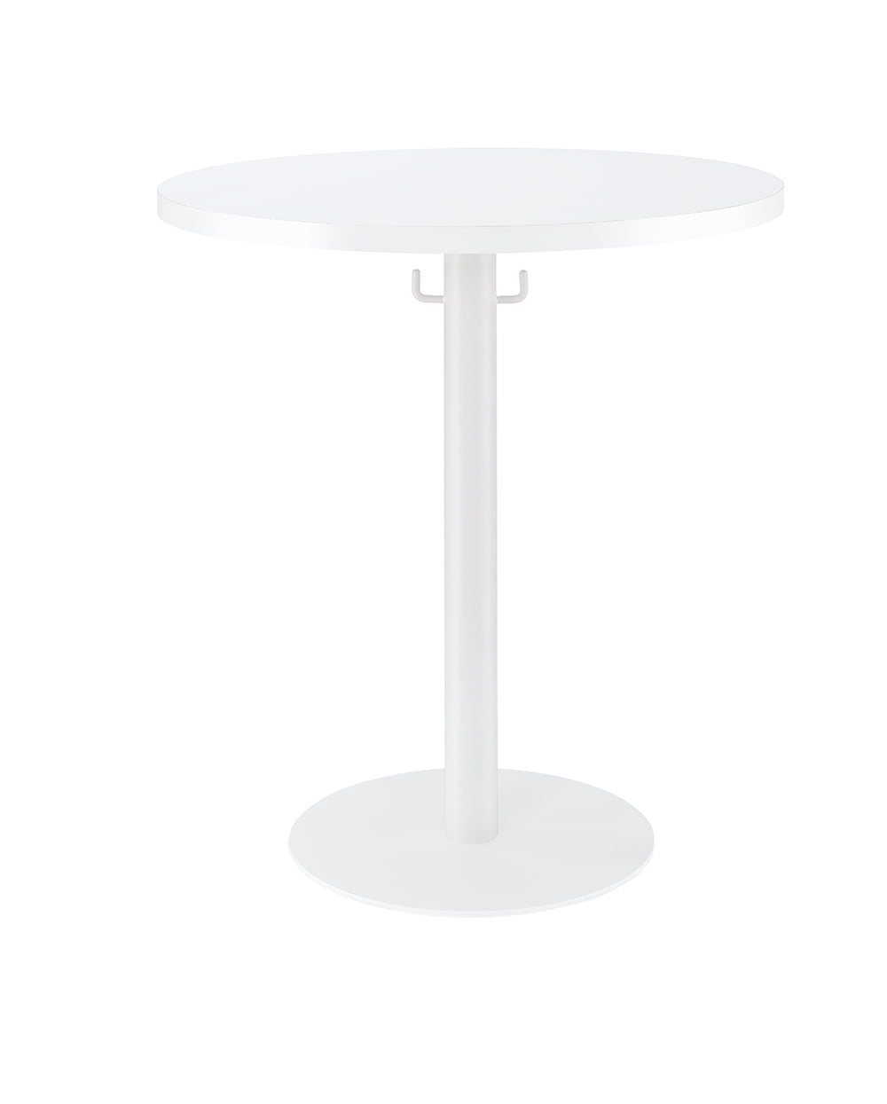 Proman Products Cava Round Solid Wood Coffee Table with Metal Base and Hooks for Bags Purses, White