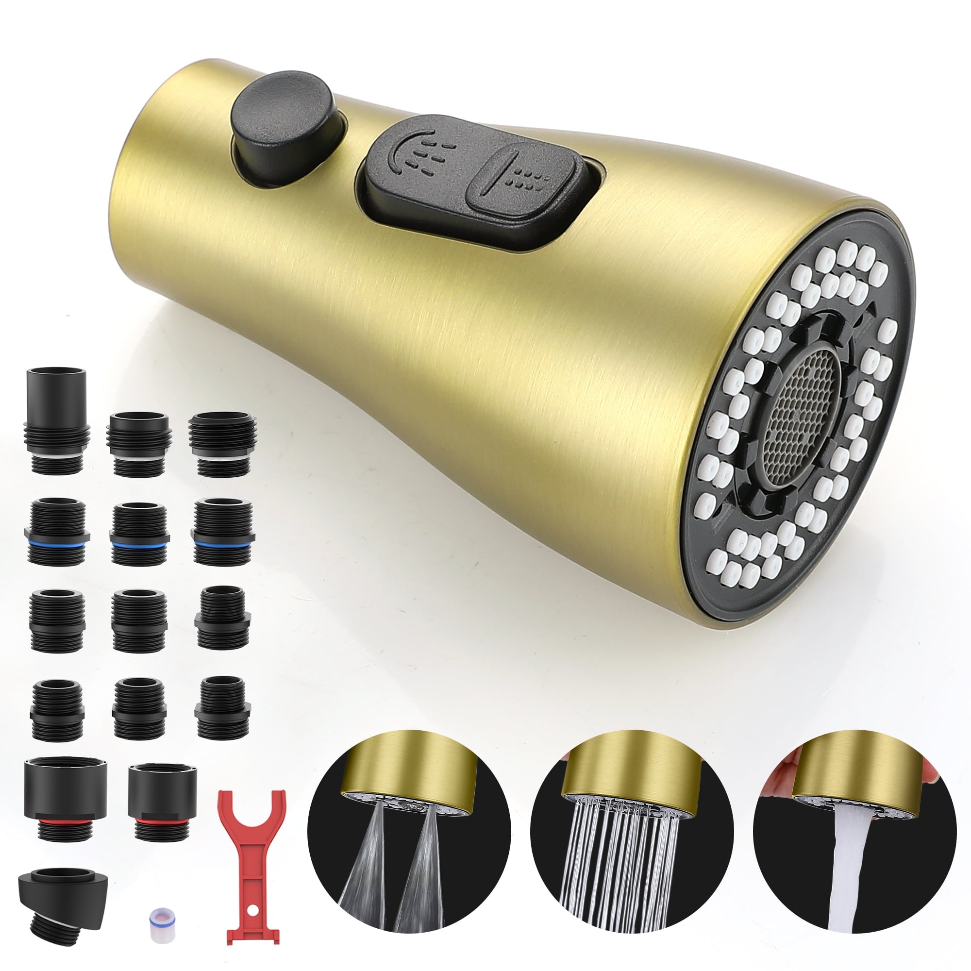 Kitchen Faucet Sprayer Head Replacement - Pull Down Faucet Spray Head with 11 Adapters, Pull Out Faucet Sprayer Nozzle, 3 Function Kitchen Tap Spray Spout Part Connector, Brushed Gold