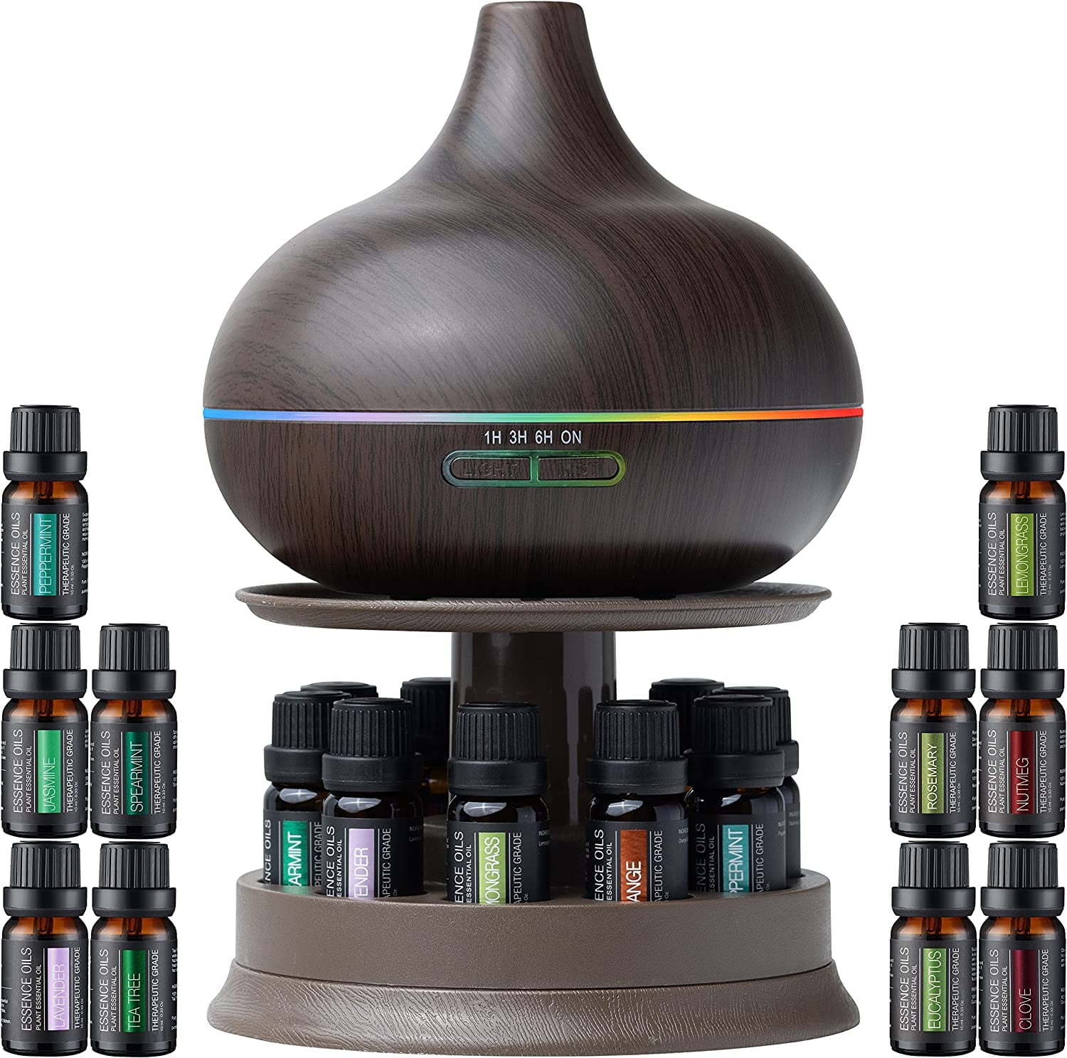 Pure Daily Care Aromatherapy Diffuser Set with Rotating Stand - 300 ml, 10 Essential Oils (Dark Brown)