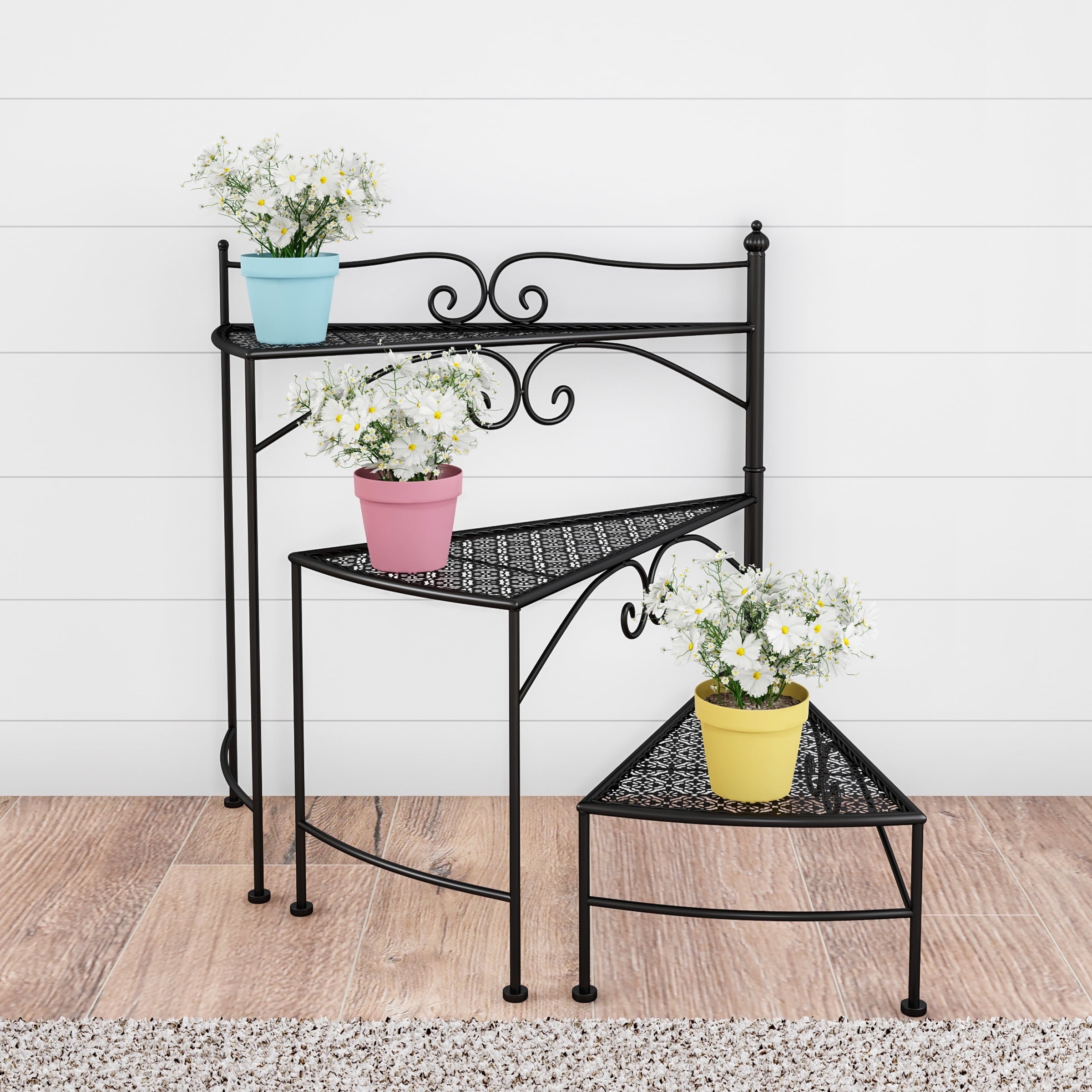 Pure Garden 3-Tier Metal Plant Stand  Indoor or Outdoor Folding Spiral Stair Display (Black)