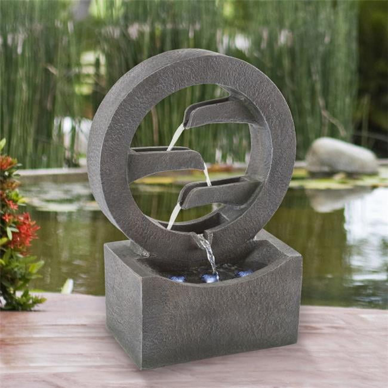 Pure Garden 50-LG1218 Round Cascade Fountain-4 Tier Polyresin Waterfall With LED Lights, Gray