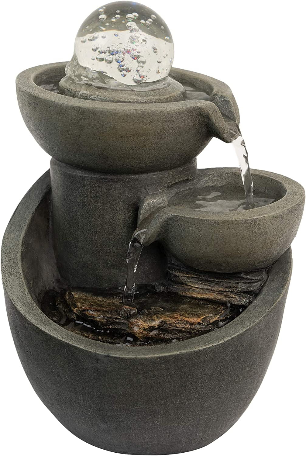 Pure Garden Tabletop 3 Tier Water Fountain with Waterfall with Rolling Glass Ball and Multi-Colored LED Lights