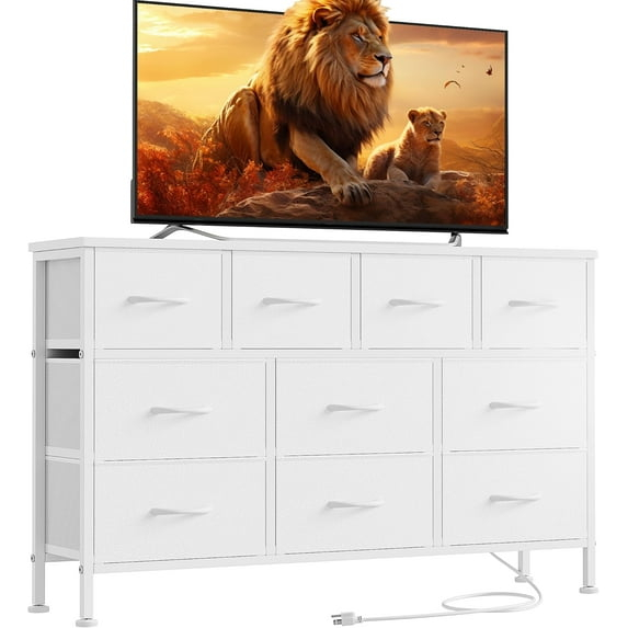 Lulive 10 Drawer White Dresser for Bedroom, Dresser TV Stand with Power Outlet, Entertainment Center Chest of Drawers for 55'' Long TV, Wide Fabric Dresser for Storage and Organization (White)
