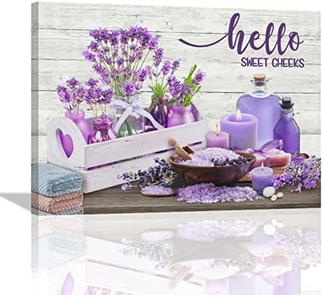 Bathroom Wall Art Lavender Pictures Purple Bathroom Decor Flower Canvas Print Wall Decor Farmhouse Bathroom Decor Wall Art Purple Candles and Lavender Painting Framed Modern Home Artwork Large 16"x12"