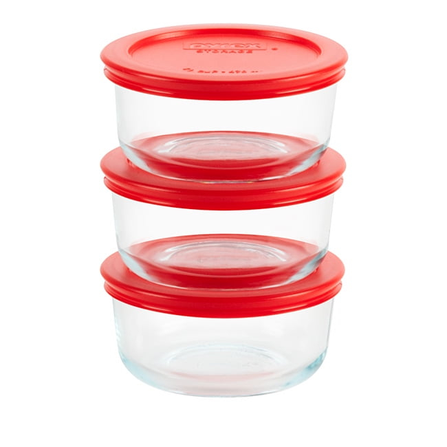 Pyrex 2 Cup 6pc Round Glass Food Storage Value Pack Red: Glass Storage Containers with Lids, Microwave & Dishwasher Safe