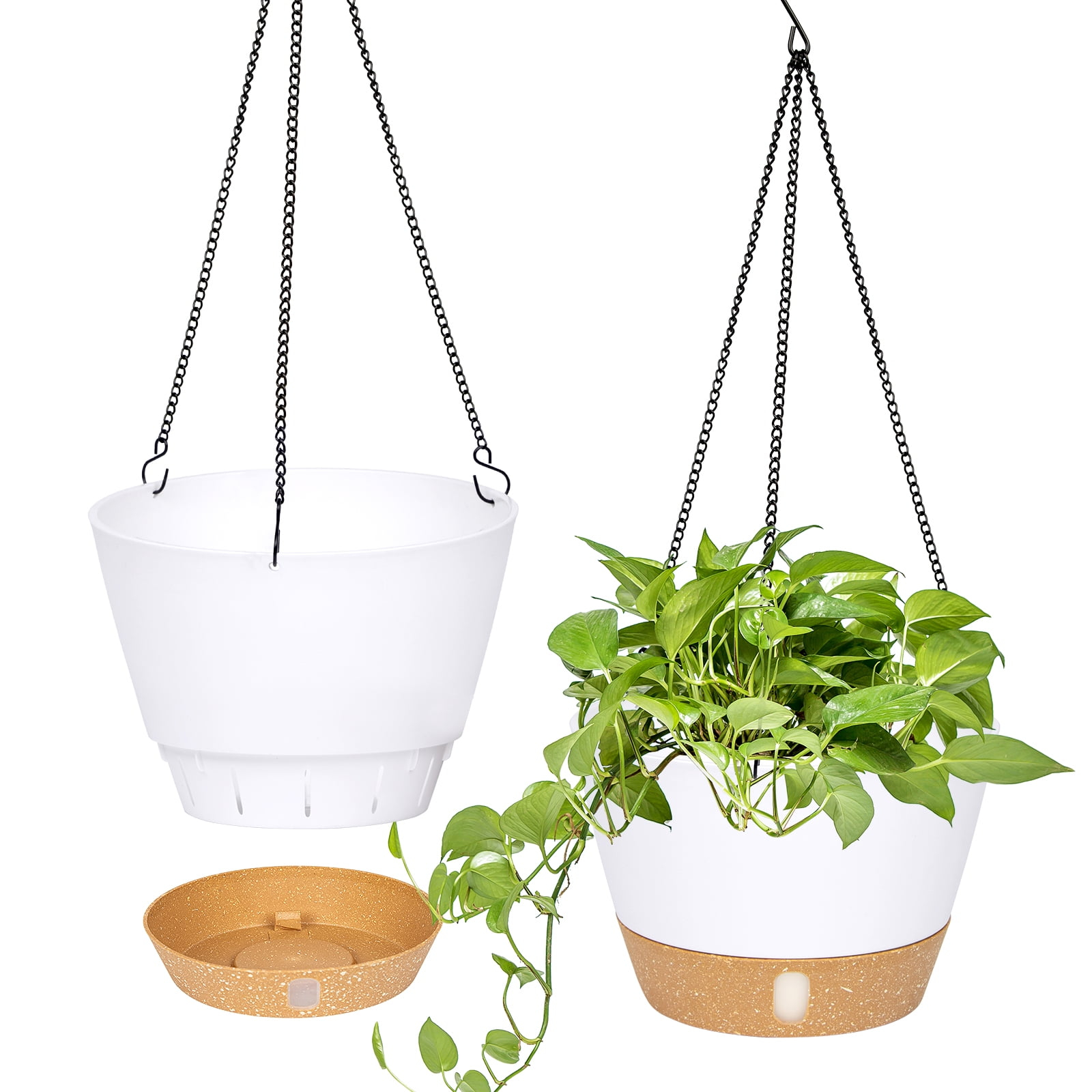 QCQHDU 2 Pack 10 inch White Plastic Hanging Planters with 3 Hooks, Hanging Plant Pot Basket with Drainage Hole for Garden Home