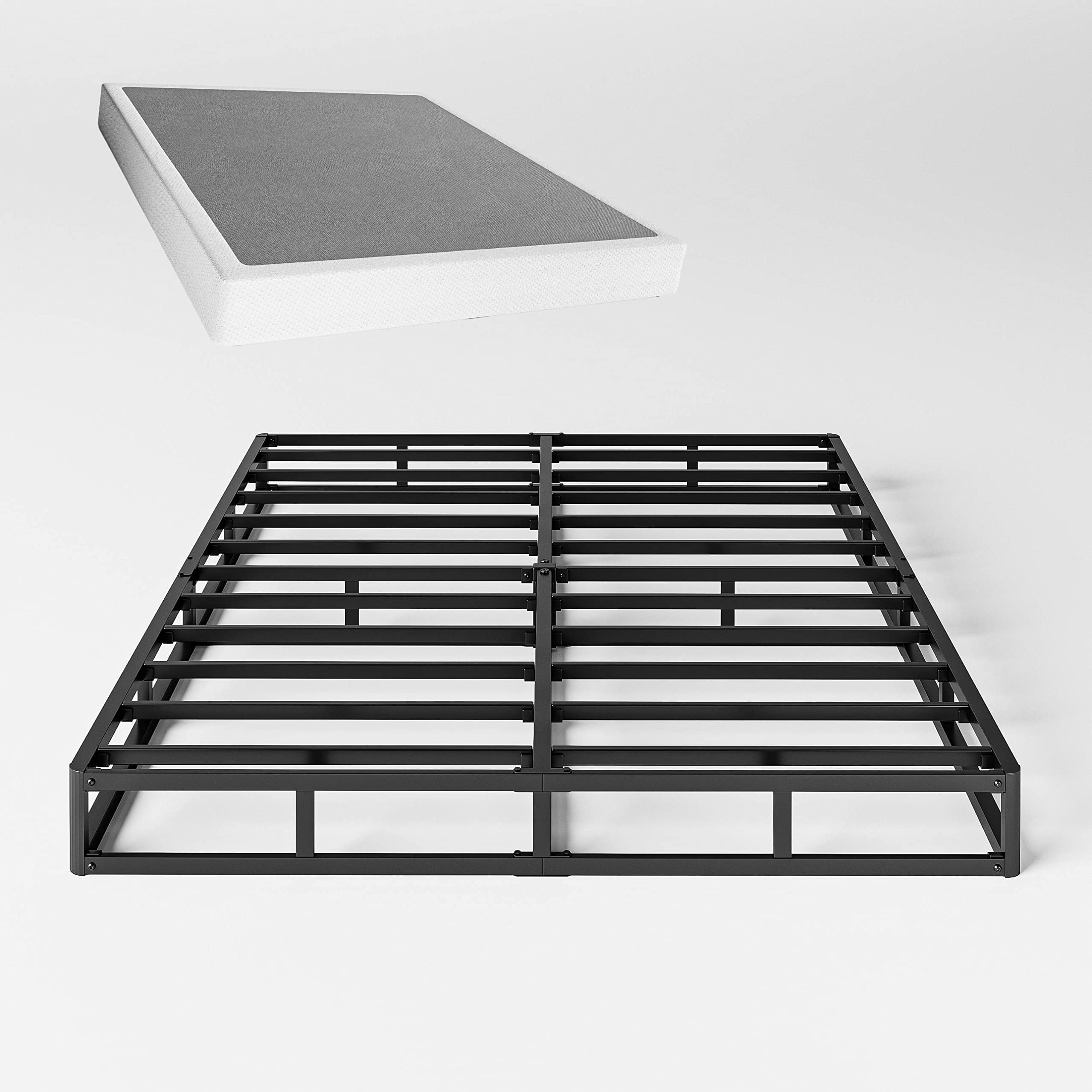 King Size Bed Frame, 5 Inch Low Profile Metal Box Spring with Fabric Bed Cover, 2500lbs Heavy Duty Steel Structure Mattress Base, Noise-Free Bed Foundation, Easy Assembly, Black