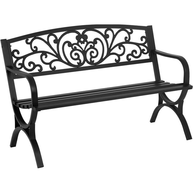 QSHIMY Patio Garden Bench 50 inch Outdoor Metal Loveseat Chairs with Armrests Slatted,Easy to Assemble,Sturdiness,Perfect for Outdoors,Black