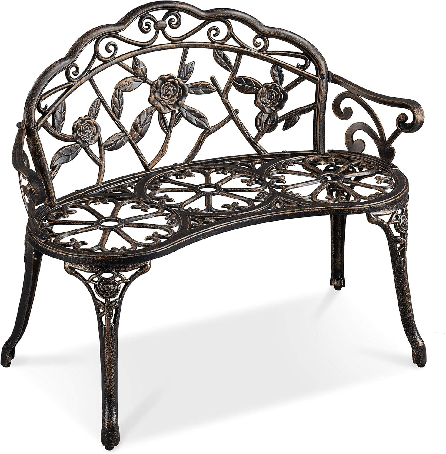 QSHIMY Patio Garden Bench Park Metal Rose Outdoor Benches, Aluminium Vintage Antique Furniture Chair Outside Benches Weather Proof Bench for Outdoor Porch, Lawn, Balcony, Backyard, Bronze