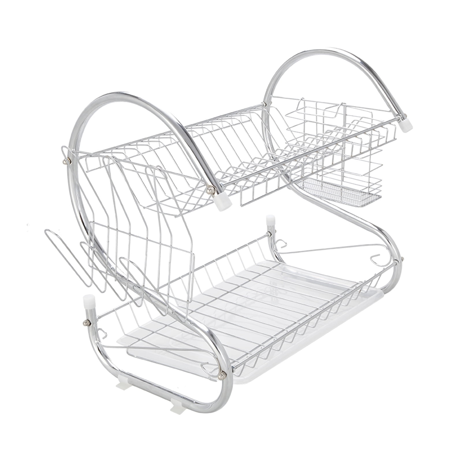 Silver 2-Tier Stainless Steel Dish Drying Rack with Utensil Cup