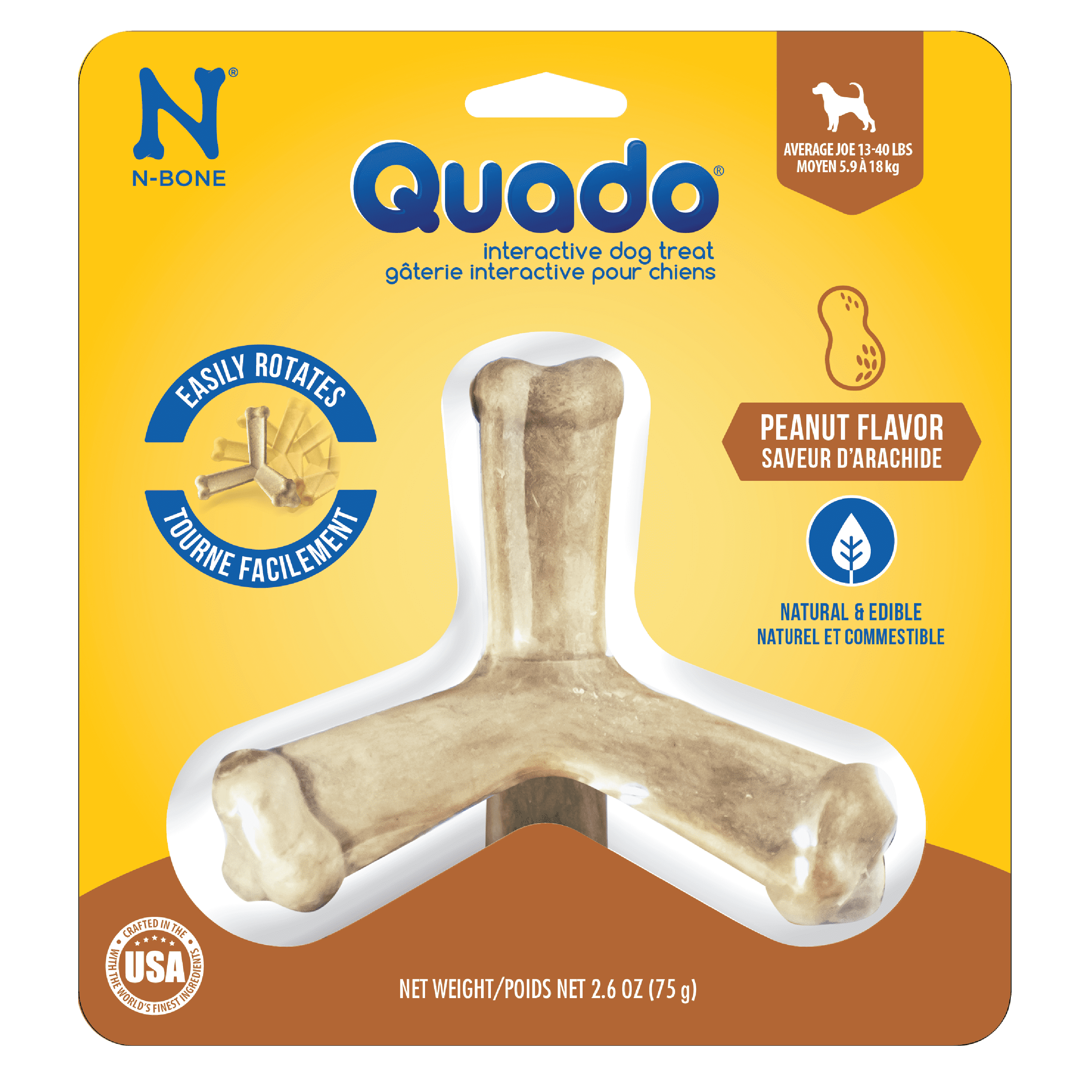 N-Bone® Quado® Dried Interactive Dog Chews, Peanut Flavor, Average Joe, Medium, 1ct, 2.6oz - Natural, Edible, 100% Digestible Dog Chews Alternative to Plastic Toys - for Small & Medium Dogs