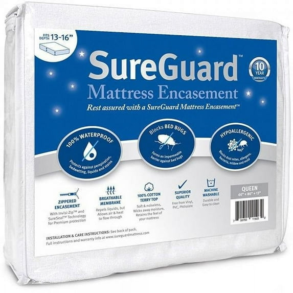 Queen (13-16 in. Deep) SureGuard Mattress Encasement - 100% Waterproof, Bed Bug Proof, Hypoallergenic - Premium Zippered Six-Sided Cover - 10 Year Warranty