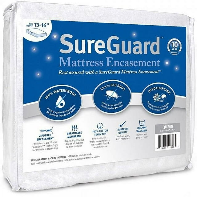 Queen (13-16 in. Deep) SureGuard Mattress Encasement - 100% Waterproof, Bed Bug Proof, Hypoallergenic - Premium Zippered Six-Sided Cover - 10 Year Warranty