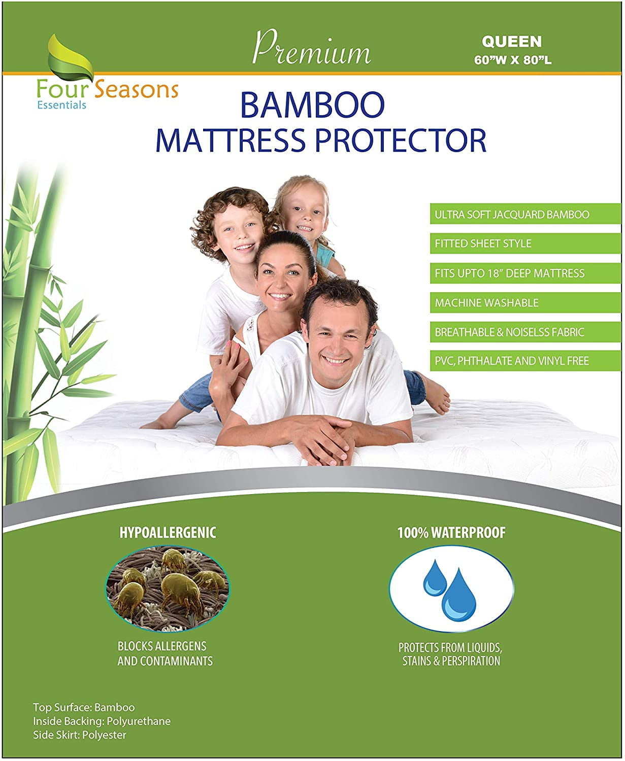 Queen Bamboo Mattress Protector - Waterproof Fitted Sheet Mattress Cover Hypoallergenic Soft Pad Protects From Dust