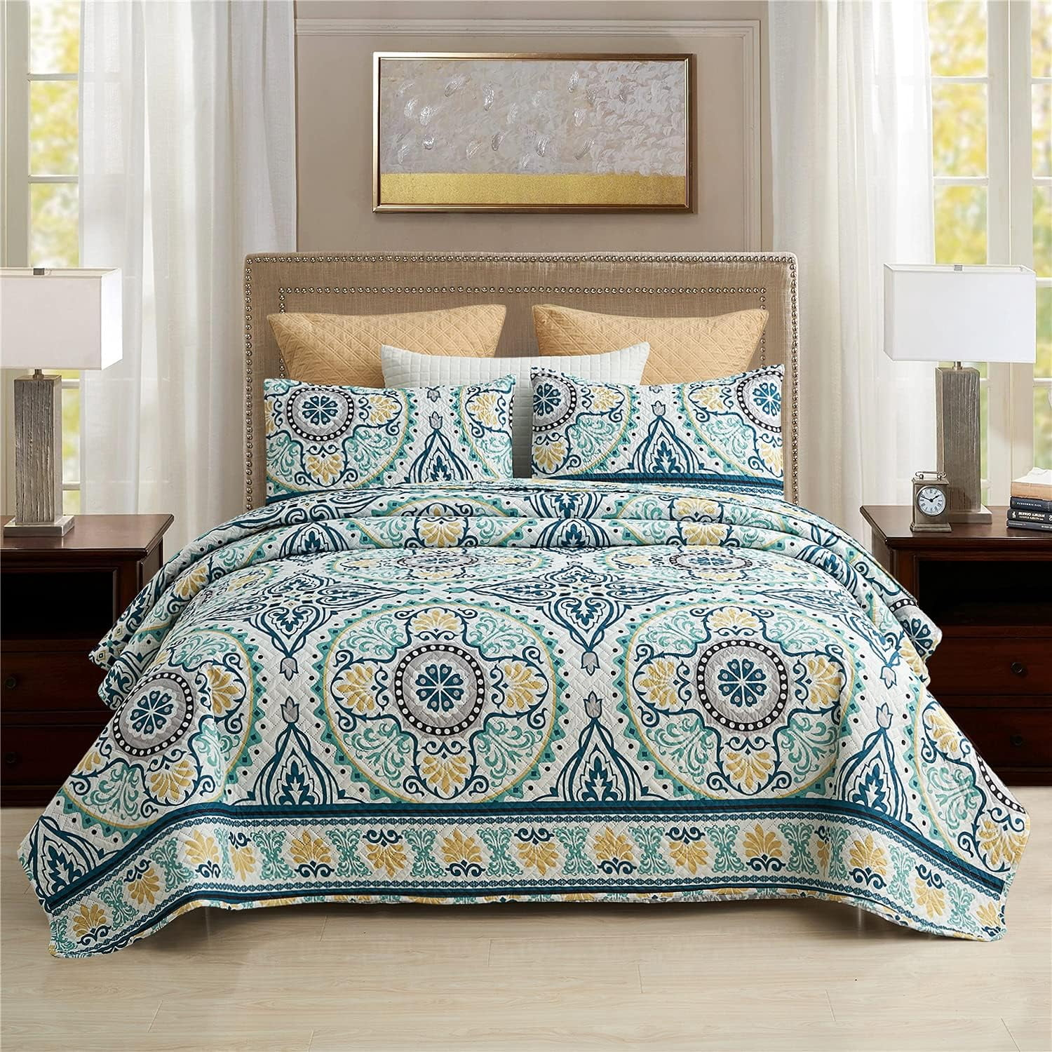 Quilt King Bedding Set (92"x 104"), 3 Piece King Size Quilt with 2 Pillow Shams, Reversible Floral Queen Bedspreads Spring Decor Summer Quilt King Size Bed Covers Coverlet for All Seasons