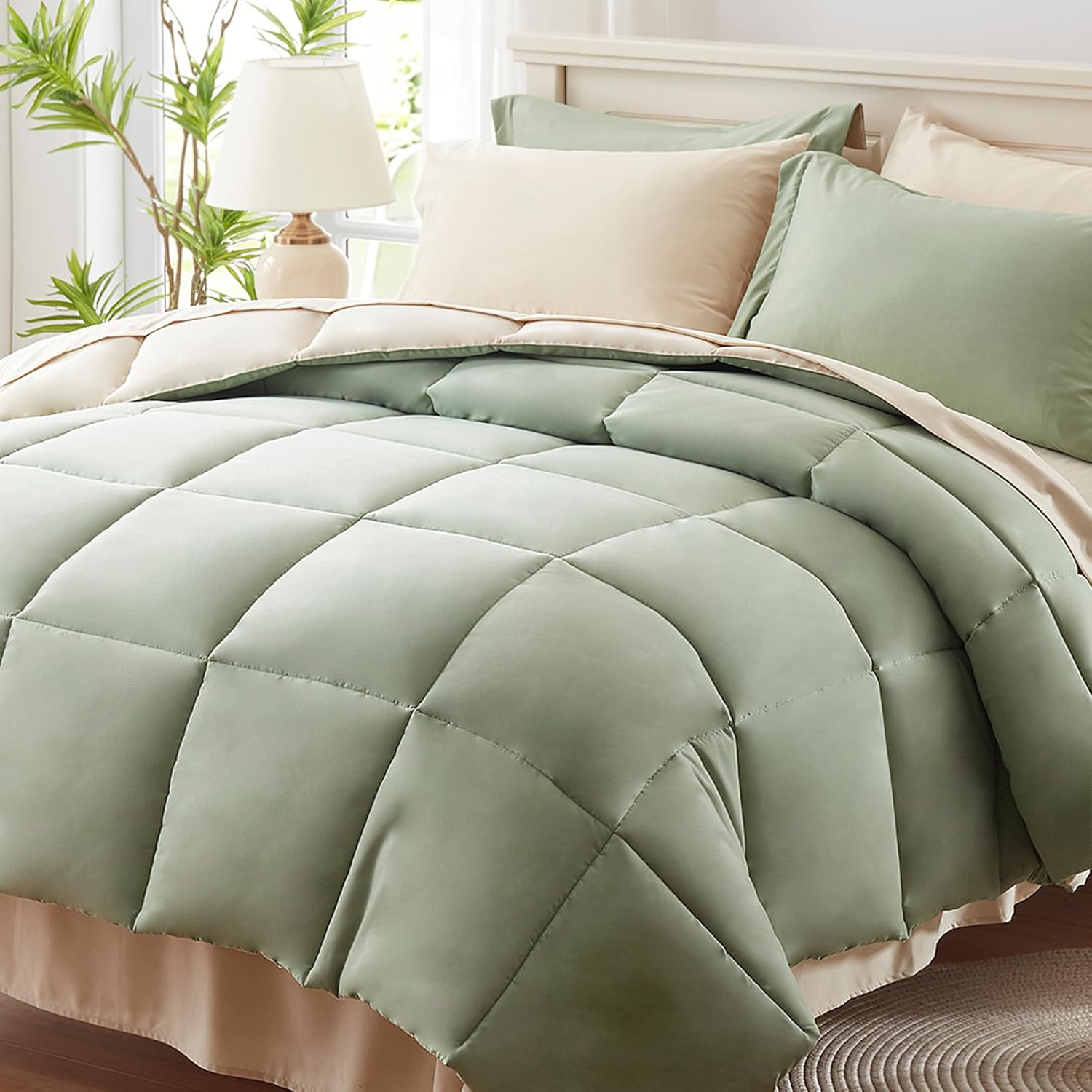 Queen Comforter Set 7 Piece, Sage Green Bed in a Bag with Sheets, All Season Bedding Comforter Sets with 1 Comforter, 2 Pillow Shams, 2 Pillowcases, 1 Flat Sheet,1 Fitted Sheet
