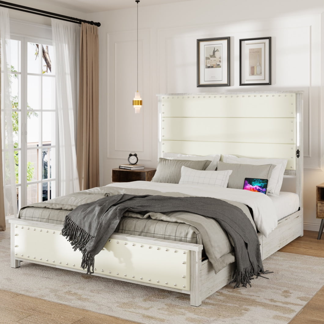 Queen Size Bed Frame with Upholstered Headboard and 4 Storage Drawers,Queen Bed Frame with Charging Station and LED Lights,Bed Frame with Wooden Slats,Beige Faux Leather & Rivets,No Box Spring Needed