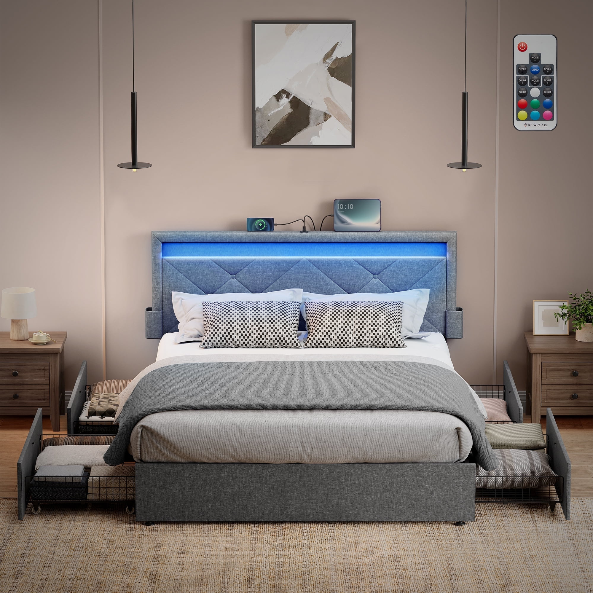 Queen Size LED Bed Frame with Headboard and 4 Drawers Storage Adjustable Upholstered Headboard 1 USB Port and 1 Type C PortNo Box Spring Needed Light Grey