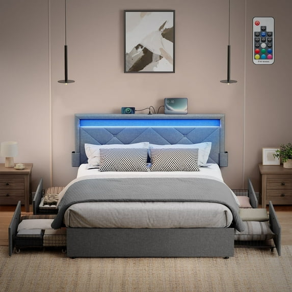 Queen Size LED Bed Frame with Headboard and 4 Drawers Storage Adjustable Upholstered Headboard 1 USB Port and 1 Type C PortNo Box Spring Needed Light Grey