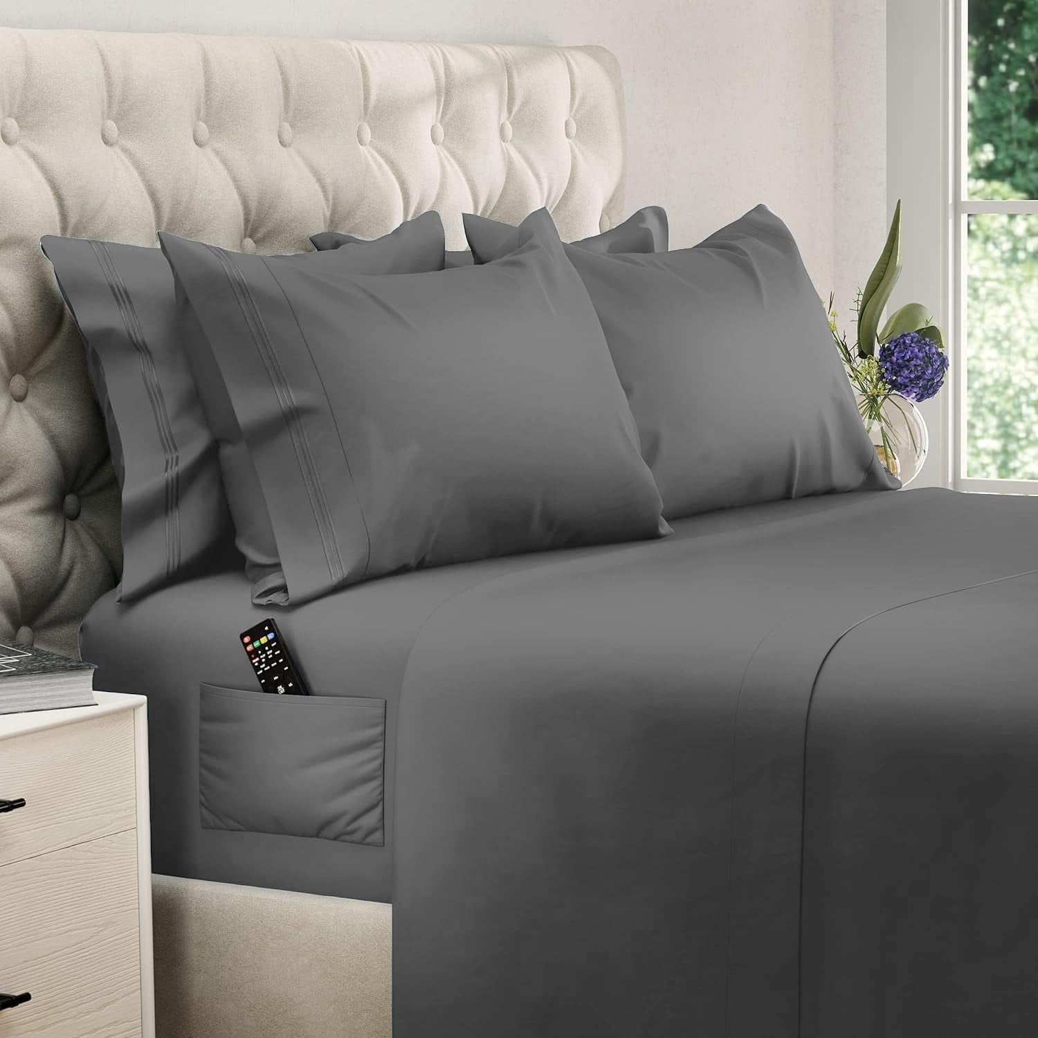 DREAMCARE - Bed Sheets Set - Queen Size Sheet with Side Pocket - 4pcs Set, 15 inches, Dark Gray