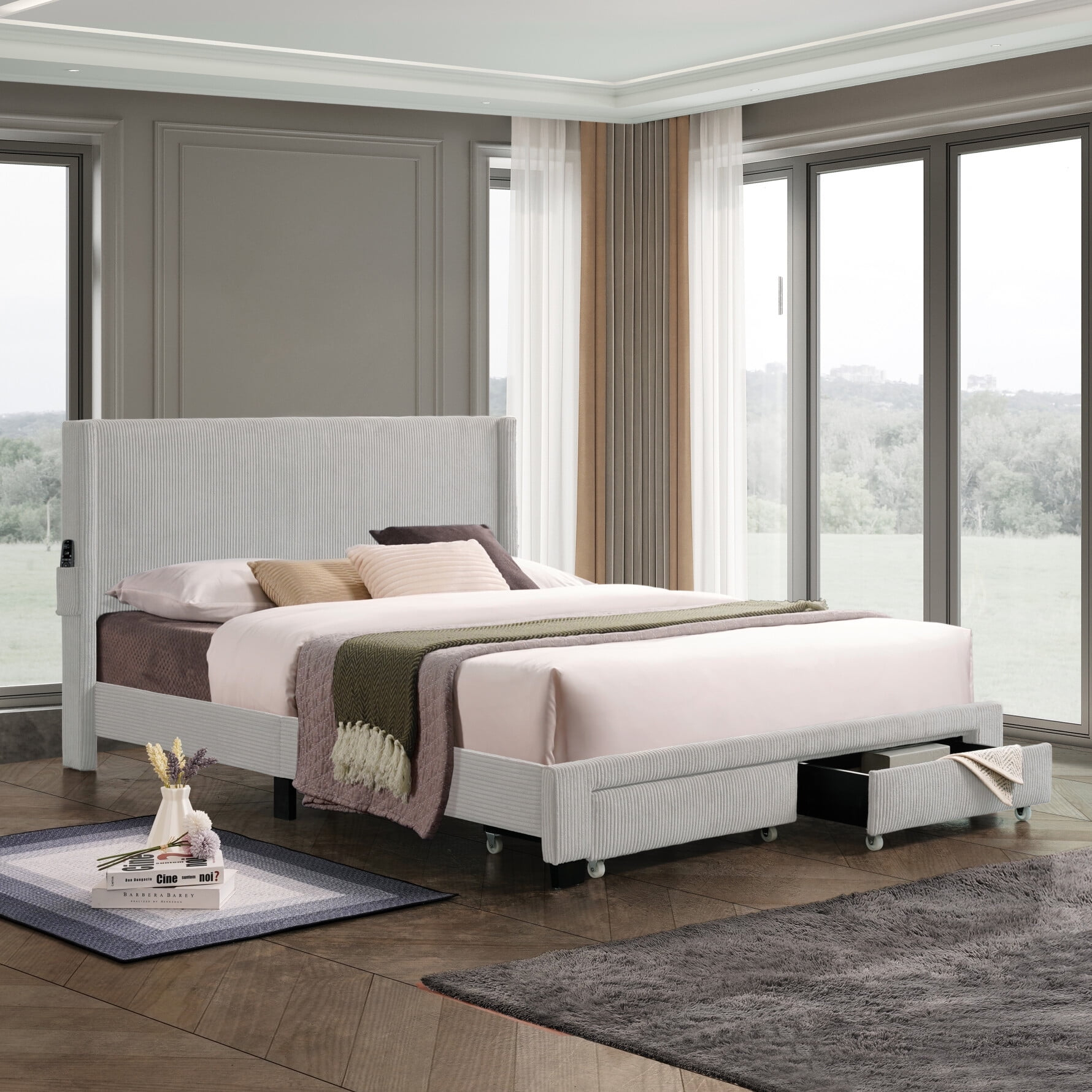 Queen Size Upholstered Bed, Upholstered Platform Bed Frame with Footboard Drawer Storage, Corduroy Velvet Upholstered Wingback Bed, Gray