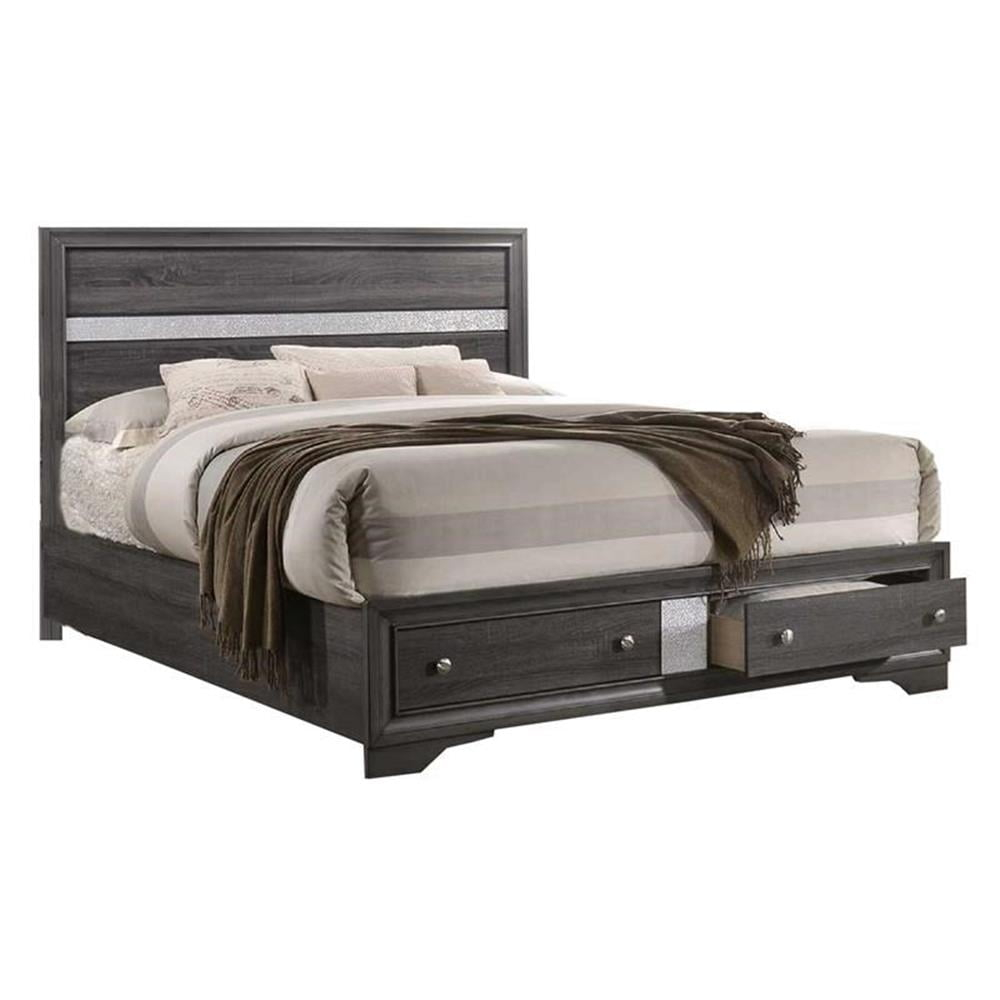 Queen Sized Gray and Silver Wood Bedframe with 2 Drawer Storage