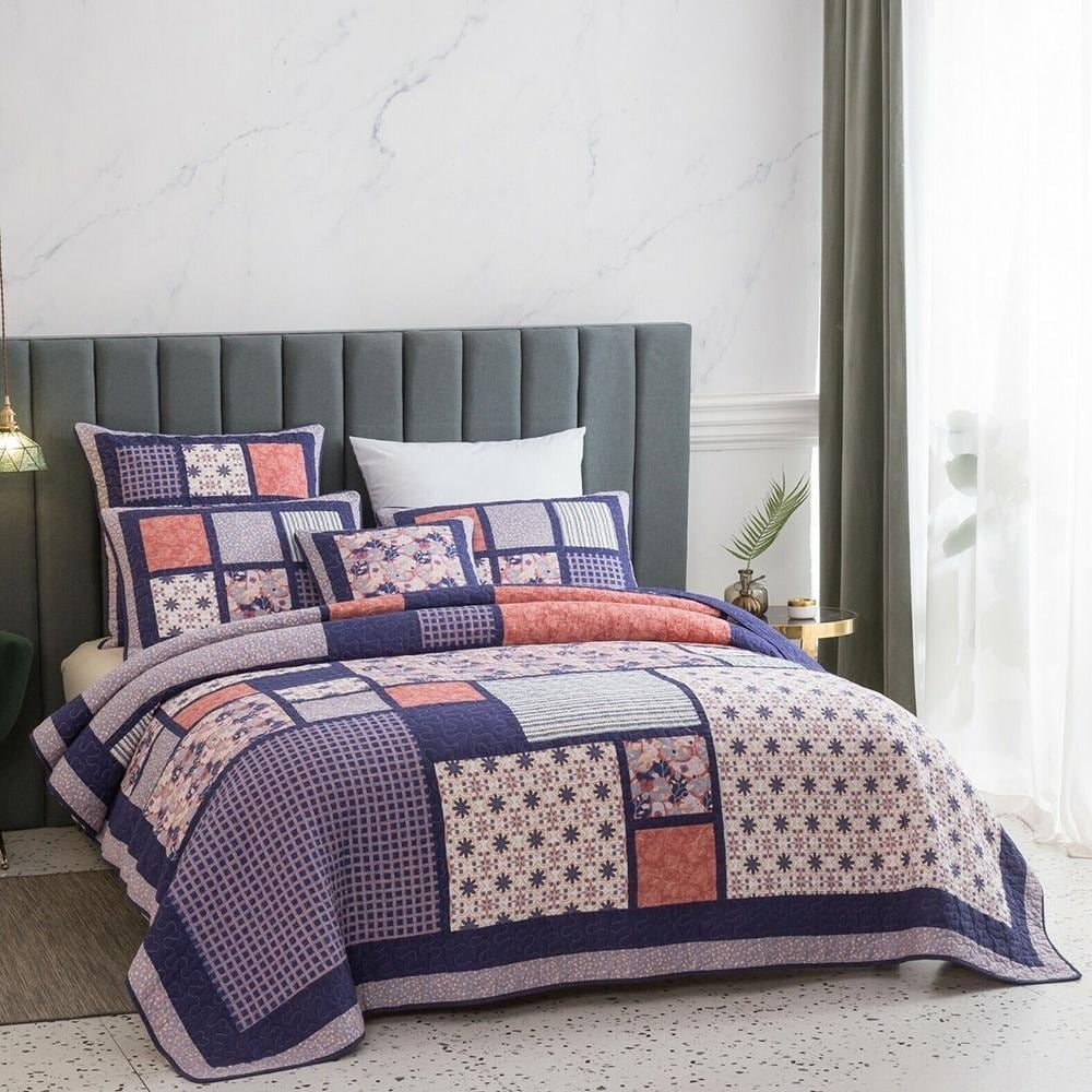 Queen Spring Blossom Patchwork Cotton Floral Bedspread Set Purple