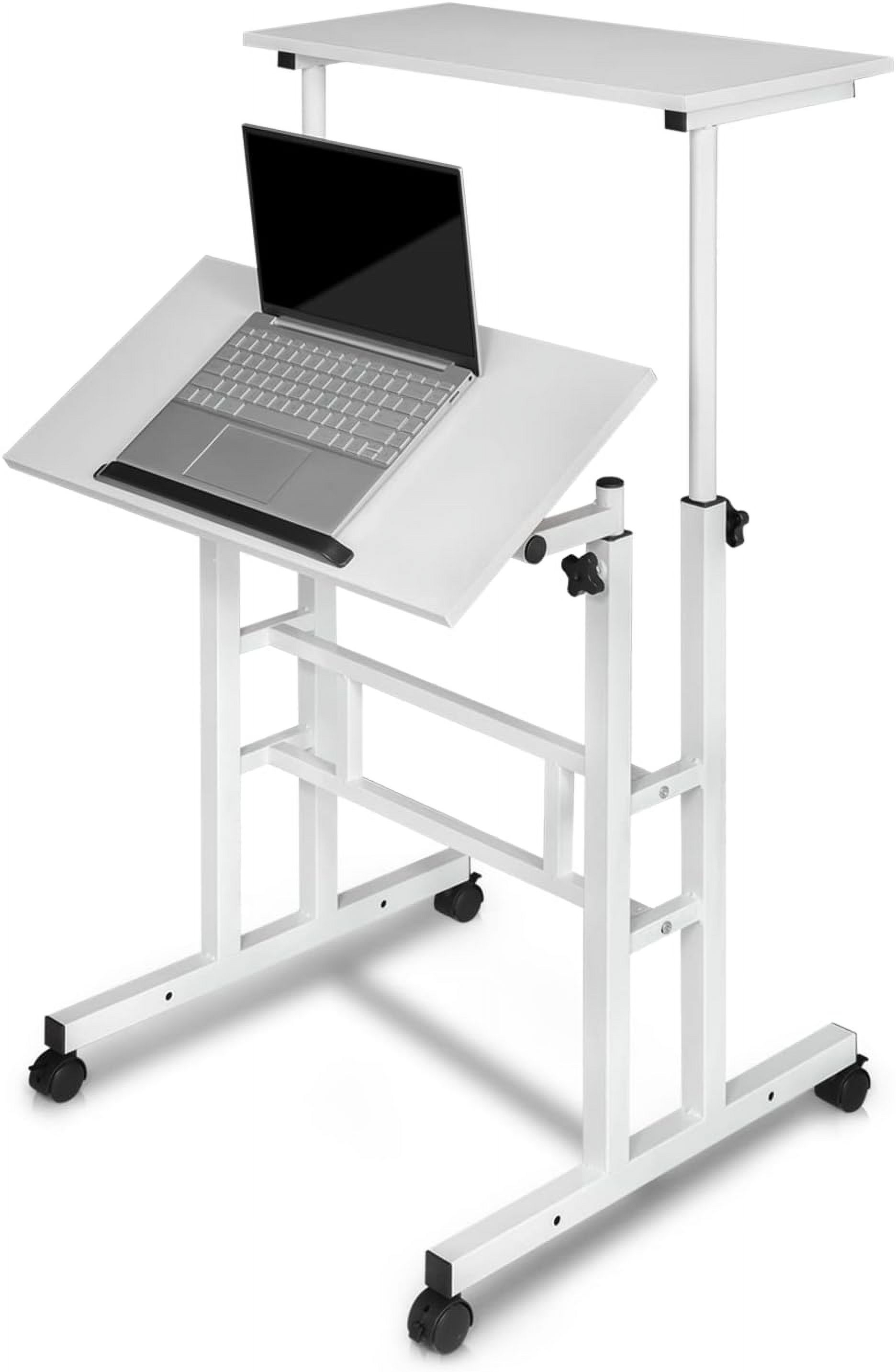 QuellQuest Adjustable Laptop Desk with Wheels Home Office Workstation Rolling White Table Laptop Cart for Standing or Sitting
