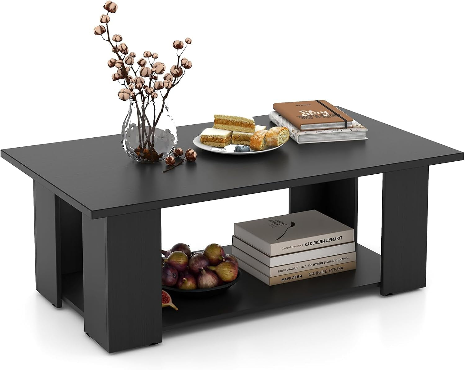 BuySphere Rectangle Wood Center Table, 41" L 2-Tier Large Modern Tea Table w/Open Compartment, Easy Assembly, Accent Coffee Table for Living Room, Reception Room, Black