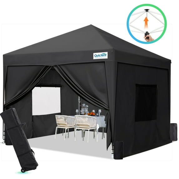 Quictent 8'x8' Pop up Canopy Tent with Sidewalls Instant Outdoor Gazebo Canopy Tent Enclosed with Wheeled Bag (Black)