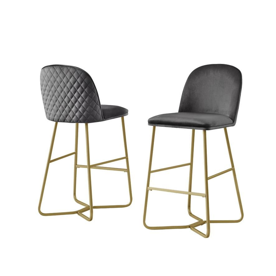 Quilted Back Barstools 29" Set of 2 in Dark Gray Velvet and Gold Base