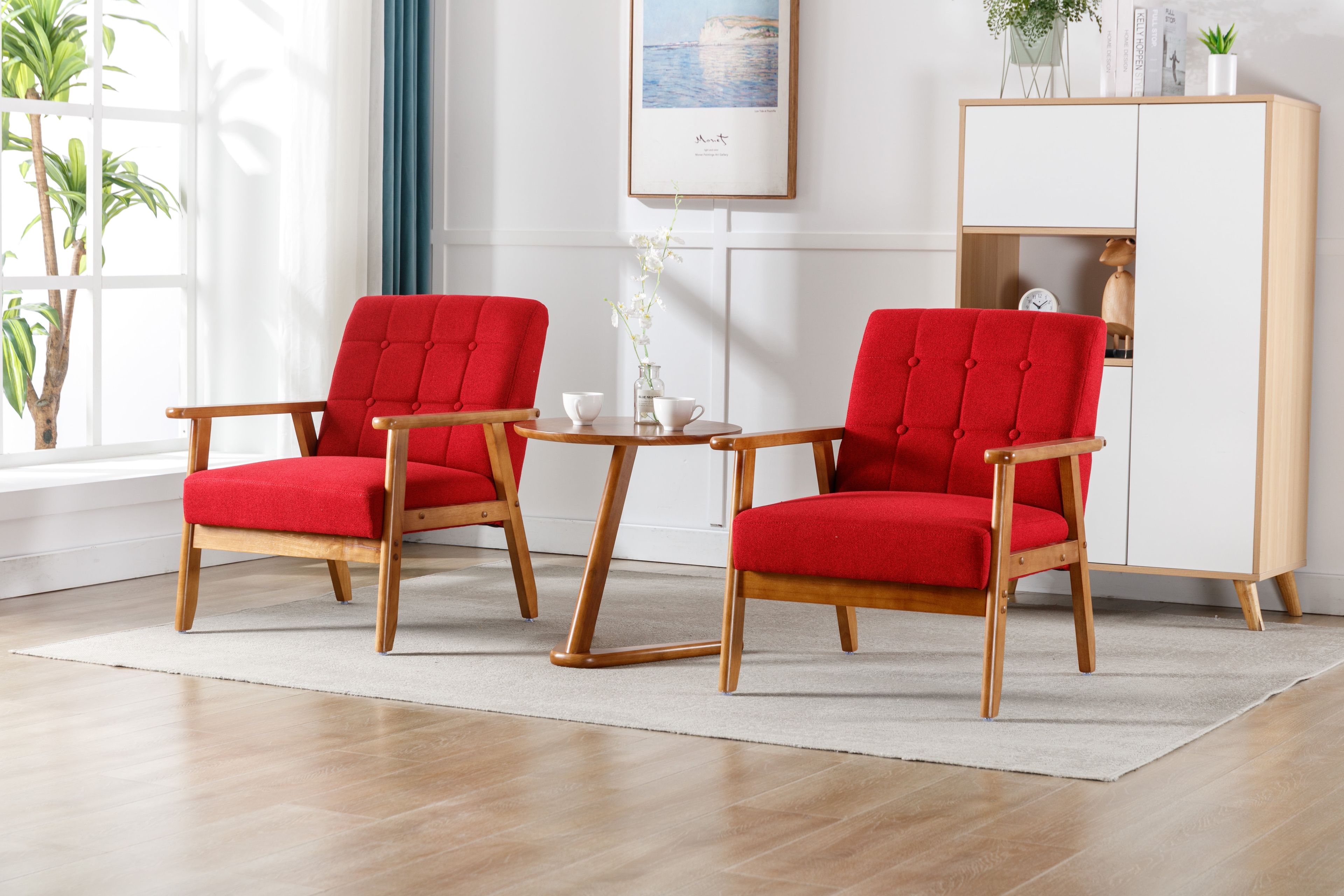 Red Microfiber Barrel Accent Chair with Wood Frame