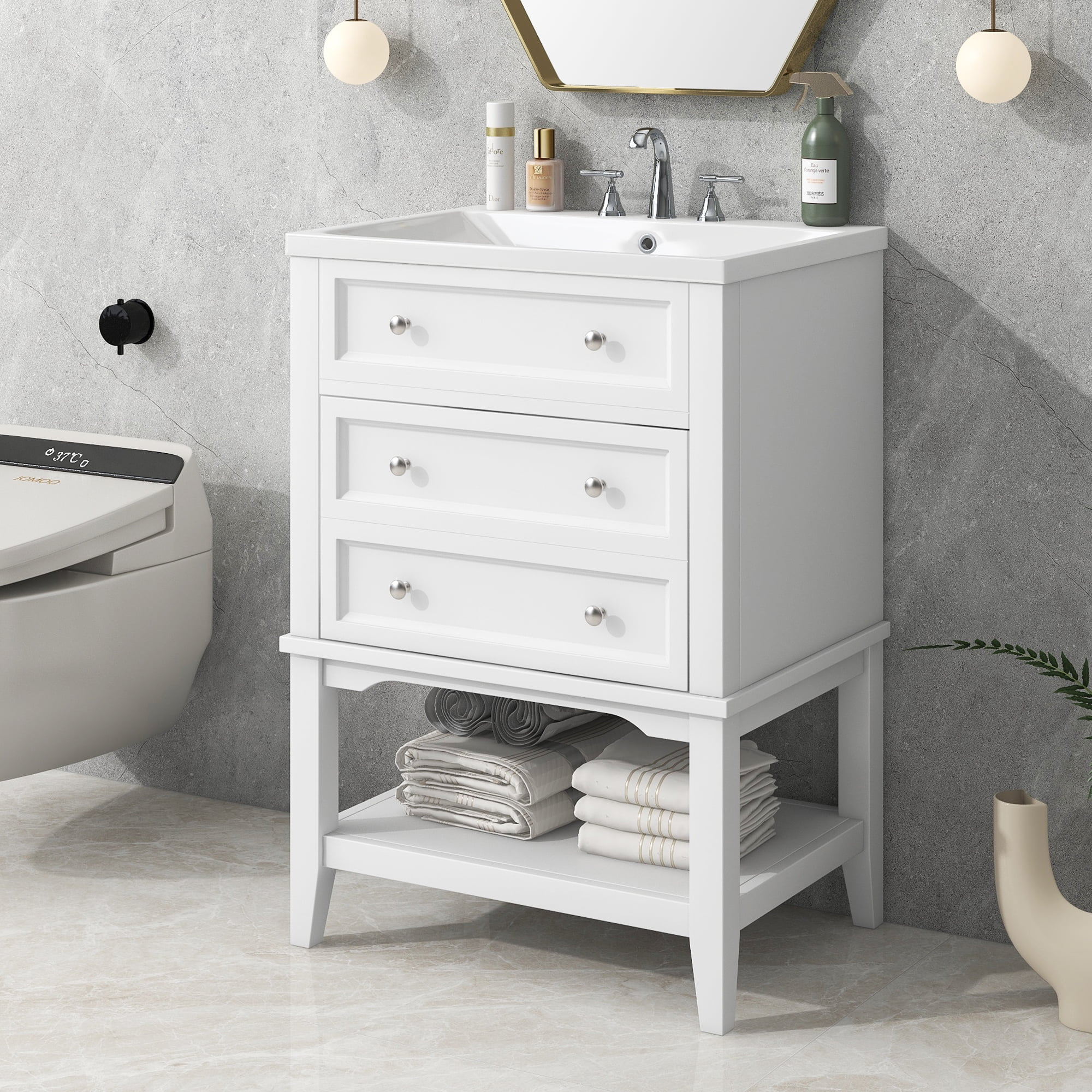 Qumbnk Bathroom Vanity with Sink, Solid Wood Frame Storage Cabinet with Drawer and Open Shelf, White