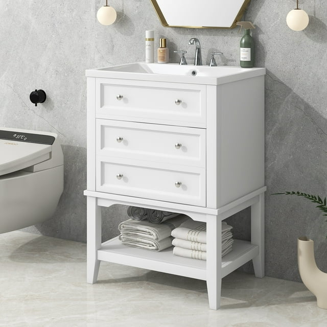 Qumbnk Bathroom Vanity with Sink, Solid Wood Frame Storage Cabinet with Drawer and Open Shelf, White