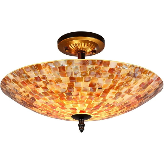16 Inches 2 Light Mosaic Design Semi Flush Ceiling Fixture, Bronze