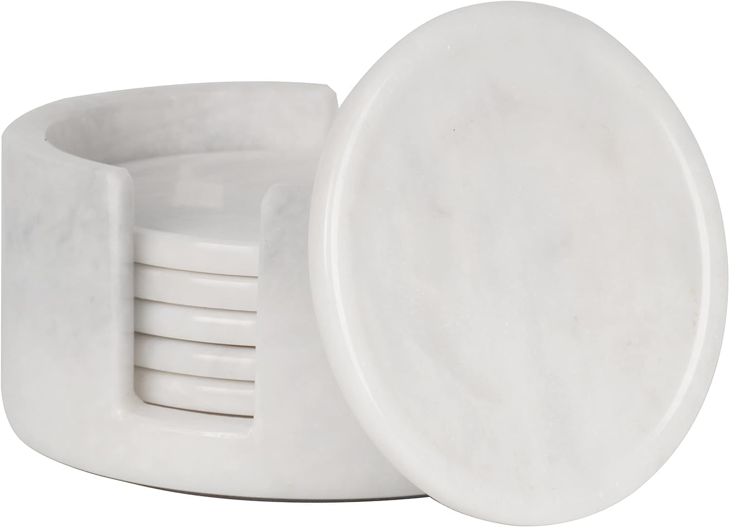 Radicaln White Marble Drink Coasters with Holder – 3.5" Round Handmade Coasters Set of 6 for Kitchen Table, Coffee Table, Bar, Home and Office Décor